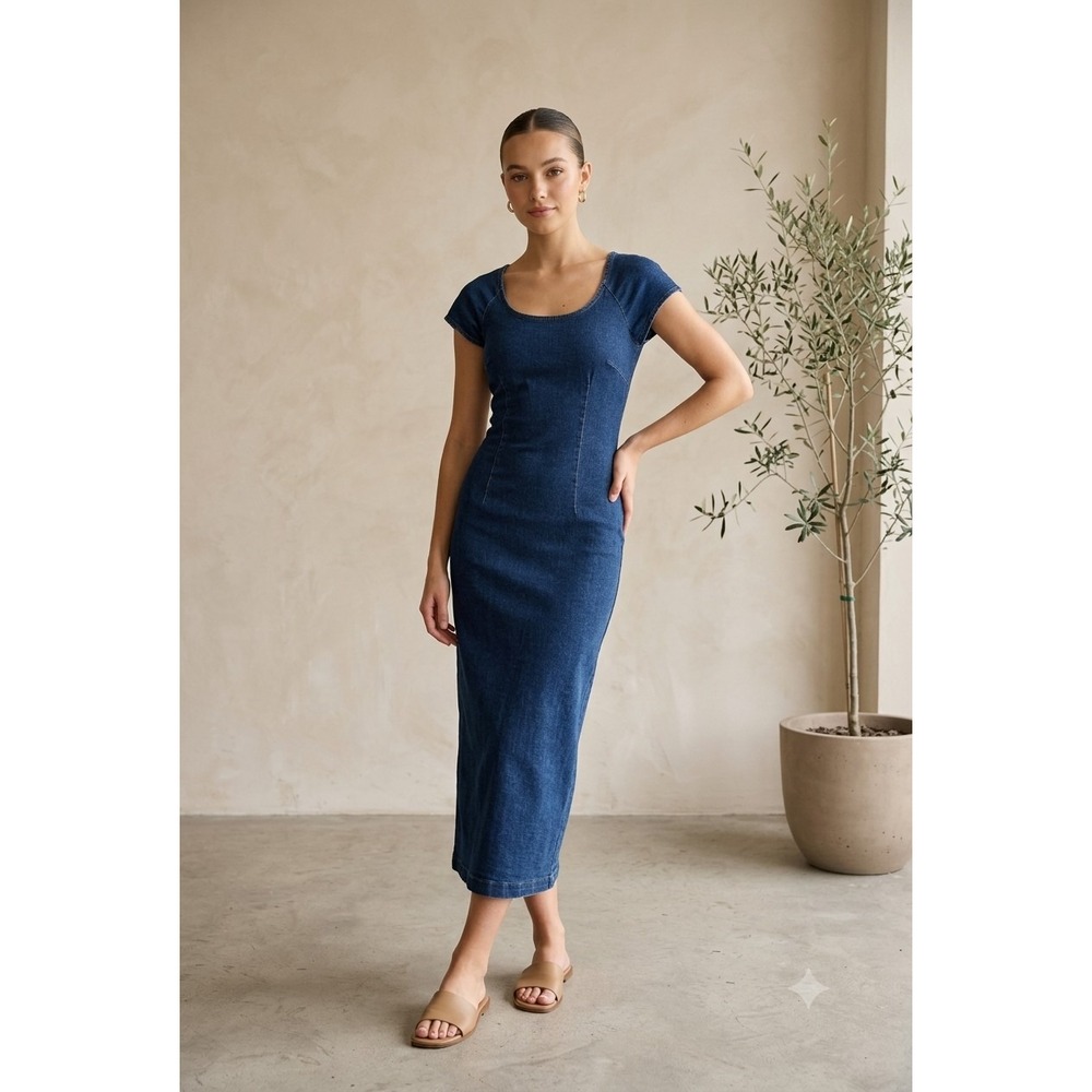 Vintage Denim Bodycon Dress Maxi Clean Girl Scandi Euro Summer Stretch Size 8